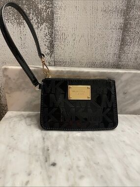 Michael Kors Black Patent MK Logo Wristlet with Gold Plate